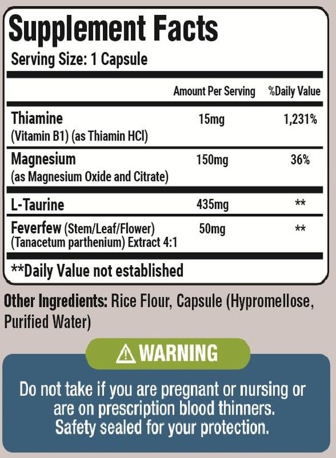 Basic Vigor Migrastil Migraine Support Capsules. Feverfew, Magnesium, Taurine & Vitamin B1 for Migraines Natural Supplement. Made in The USA. Vegan and Gluten Free. - Image 3